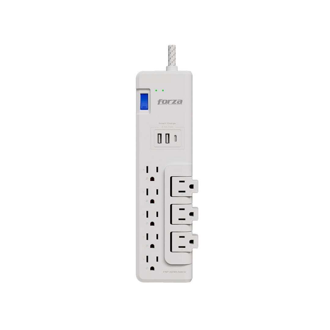 SUPRICOM-FORZA-FSP-821RUSBCW-SP-110220V-2200J-8AC-3-ROT-2-AU131FOR05 REGLETA FORZA 8 TOMAS DE CORRIENTE AC 110/220 3-ROT 2USB-A/1C 6FT FSP-821RUSBCW - Imagen 1